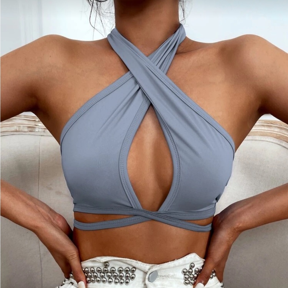 BLUE HALTER TOP